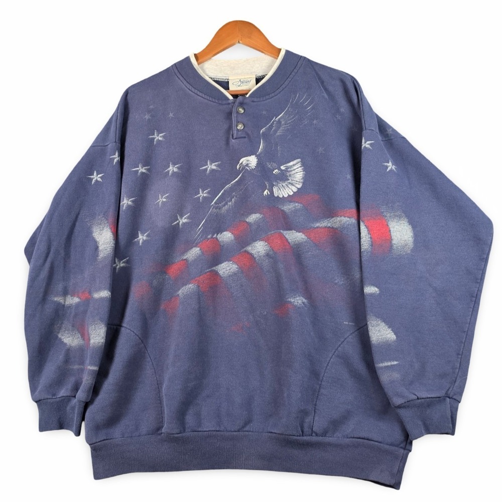 90s Artisans We The People Eagle Flag Patriotic Henley Sweatshirt Large Vintage